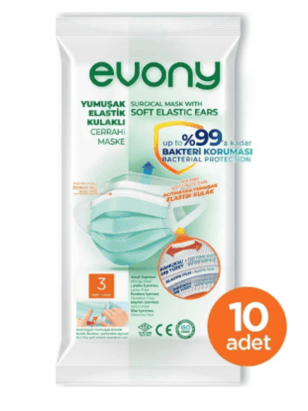 Evony Yumuşak Elastik Kulaklı Cerrahi Maske 10 Adet