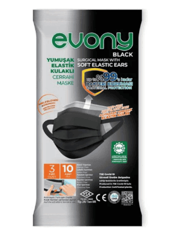 Evony Yumuşak Elastik Kulaklı Cerrahi Maske Black 10 Adet