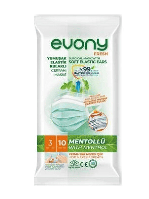 Evony Yumuşak Elastik Kulaklı Cerrahi Maske Mentollü 10 Adet